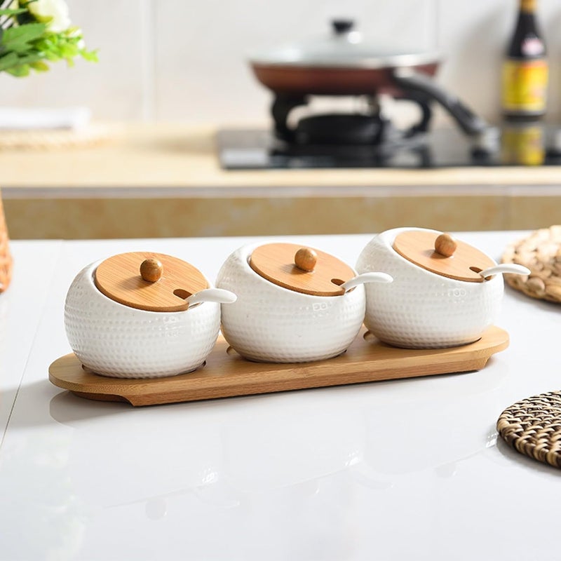 OLWICK Ceramic Condiment PotsSet of 3 Condiment Jar Spice Container with Bamboo Lids and Spoon Seasoning Pots for KitchenCoffee BarCondiment Spice Jar For Kitchen - Image 2