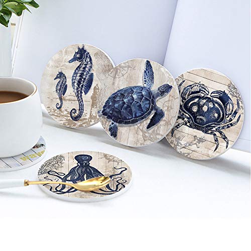 Pinetree Art Absorbent Coasters Natural Ceramic Thirsty Stone Navy Blue Octopus Seahorse Crab Turtle Ocean Theme Coaster Set for Drinks Cork Backing (sea Animals)… - Image 4
