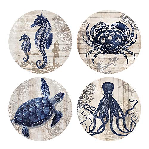 Pinetree Art Absorbent Coasters Natural Ceramic Thirsty Stone Navy Blue Octopus Seahorse Crab Turtle Ocean Theme Coaster Set for Drinks Cork Backing (sea Animals)… - Image 1