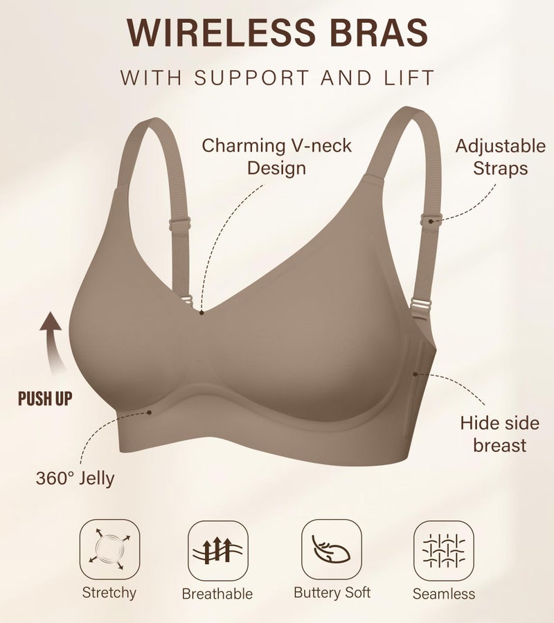 DEANGELMON Seamless Bras for Women No Underwire Comfortable Push Up Bra V Neck Wireless Bralette Full Coverage Wire Free Grey Large - Image 4