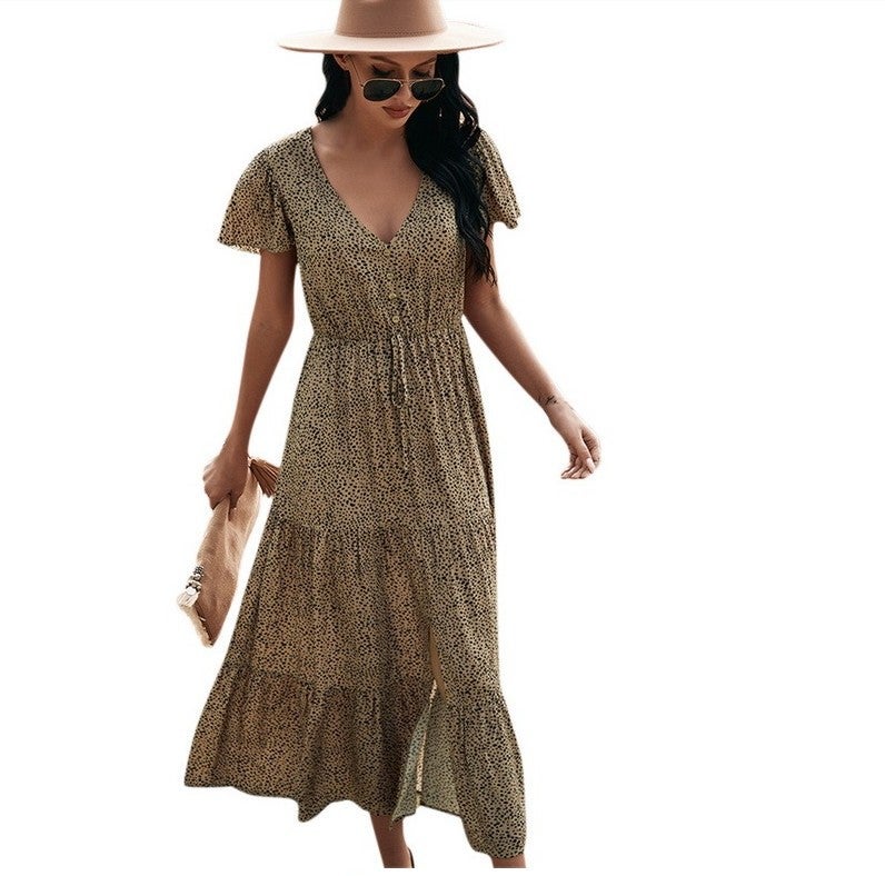 Spot--2021 European and American summer hot-selling hot style lace-up slim sexy leopard print dress Leopardyellow M - Image 1