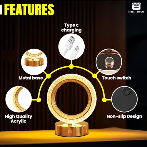 CRAE Crystal Table Lamp Round Cordless Luxury Lamp | Diamond Nightstand | Starry Night | Table LightBedroom, Living Room, Party Decor (Round) - Image 4