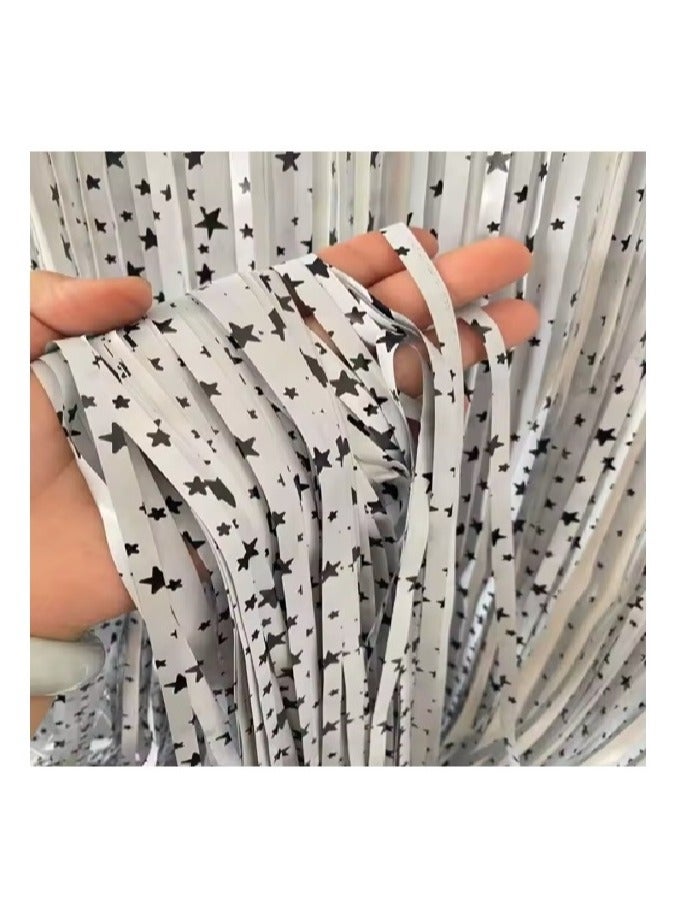 بوكسوودس 4 قطع من ستائر خلفية من رقائق معدنية على شكل نجمة فضية معدنية لتزيين حفلات أعياد الميلاد والذكرى السنوية وحفلات التخرج - Image 1