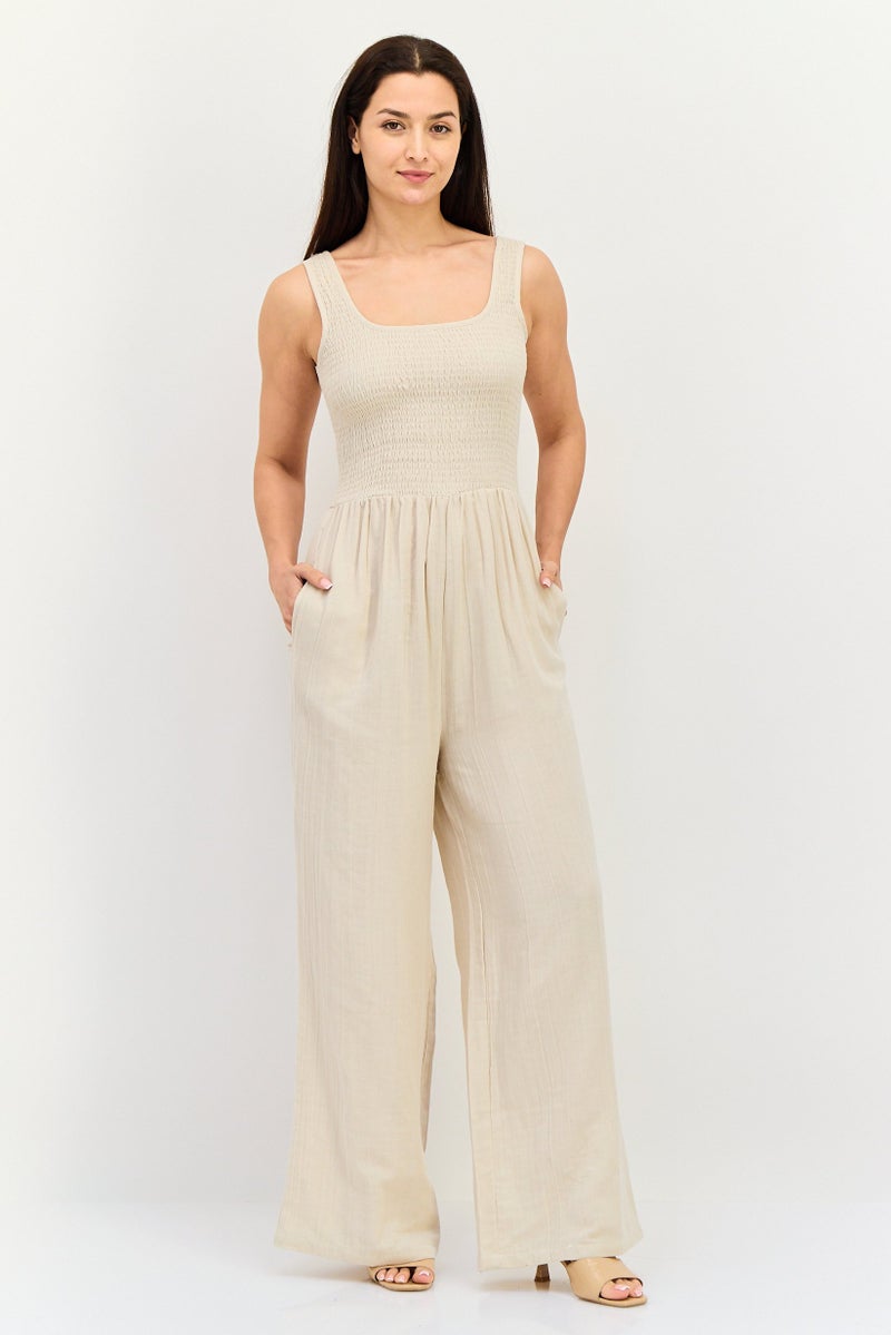 BRAVE SOUL Women Textured Sleeveless Jumpsuit, Beige - Image 1