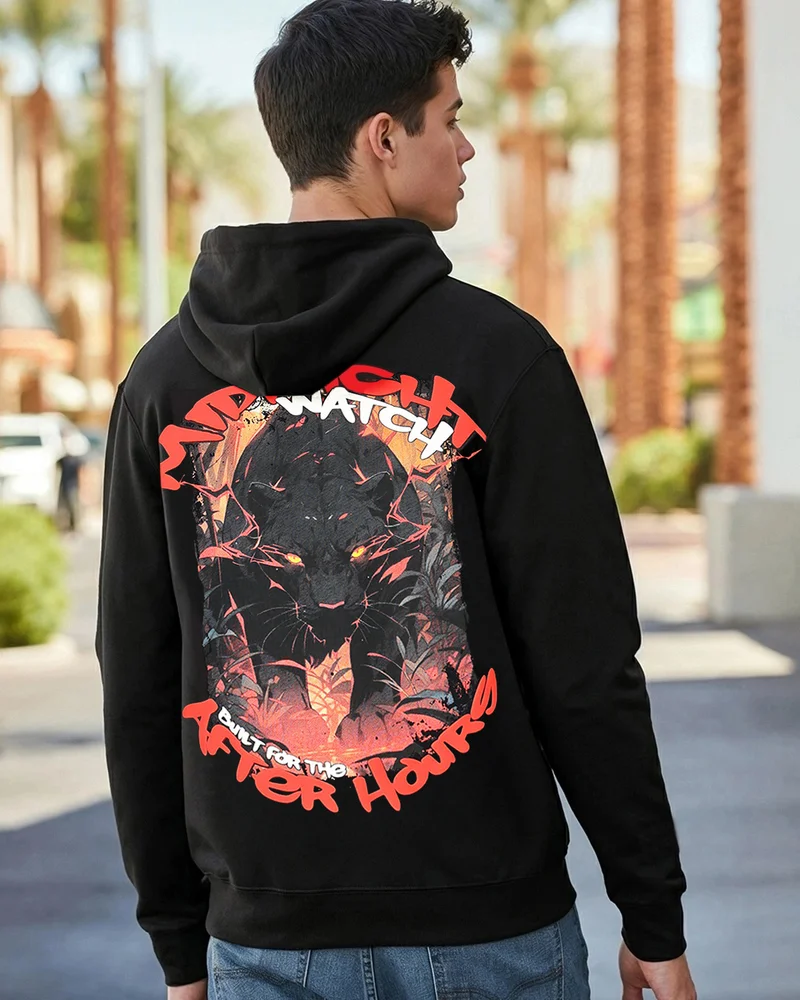 bewakoof Men's Jet Black After Hours Graphic Printed Hoodies