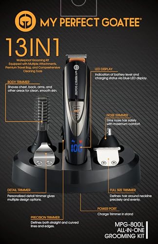My Perfect Goatee®️ 13-in-1 Mens Grooming Kit - LED Display Beard Trimming Kit with Travel Bag, Charging Stand, & More - Waterproof, Cordless Electric Trimmer for Nose, Body, & More – Ideal Gift Set - Image 2