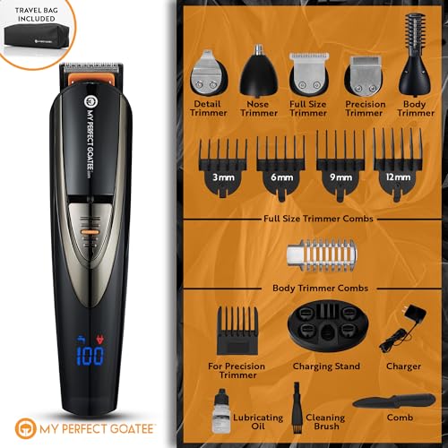 My Perfect Goatee®️ 13-in-1 Mens Grooming Kit - LED Display Beard Trimming Kit with Travel Bag, Charging Stand, & More - Waterproof, Cordless Electric Trimmer for Nose, Body, & More – Ideal Gift Set - Image 4