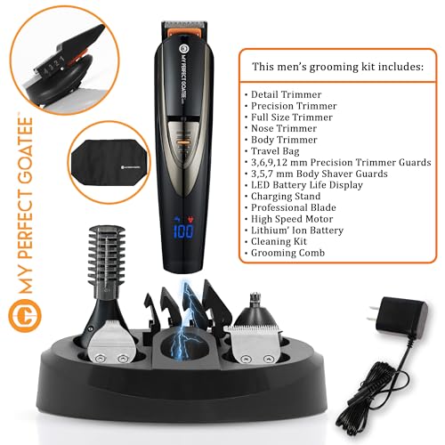 My Perfect Goatee®️ 13-in-1 Mens Grooming Kit - LED Display Beard Trimming Kit with Travel Bag, Charging Stand, & More - Waterproof, Cordless Electric Trimmer for Nose, Body, & More – Ideal Gift Set - Image 5