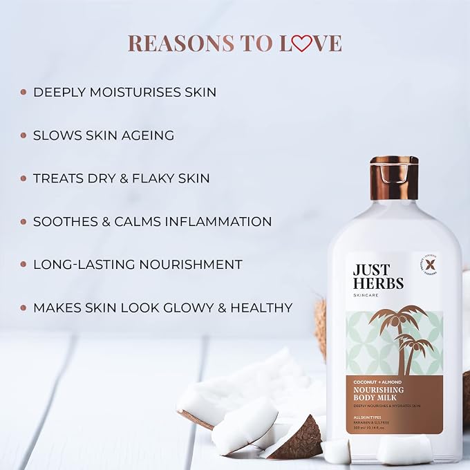 Just Herbs Nourishing Body Milk with Coconut & Almond for Men & Women | Hydrating Body Lotion for Winter Dryness- 300 ml - Image 3