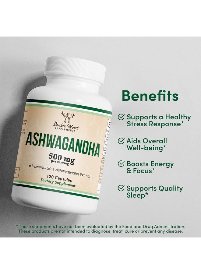 Ashwagandha Capsules, 120 Count (500mg Extract 20:1 Potency) Adaptogen Stress Relief by Double Wood