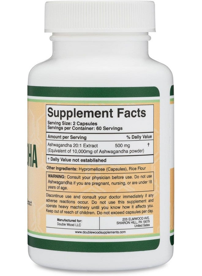 Ashwagandha Capsules, 120 Count (500mg Extract 20:1 Potency) Adaptogen Stress Relief by Double Wood
