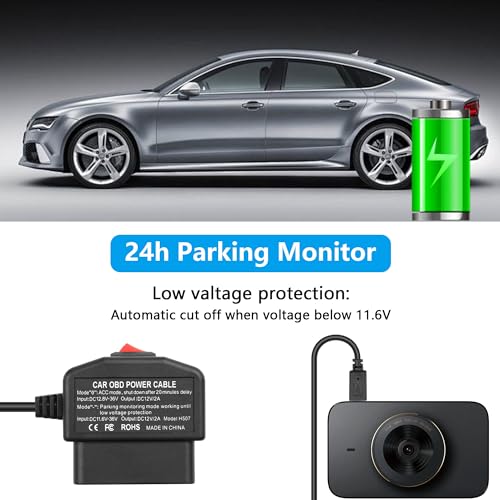 CERRXIAN OBD Power Cable for Dash Camera OBD2 to Type C Adapter Hardwire Charger Cable 24 Hours Surveillance/Acc Mode with Low Voltage Protection 13-40V to 5V 3A (11.5FT/3.5M) (Straight USB C) - Image 4