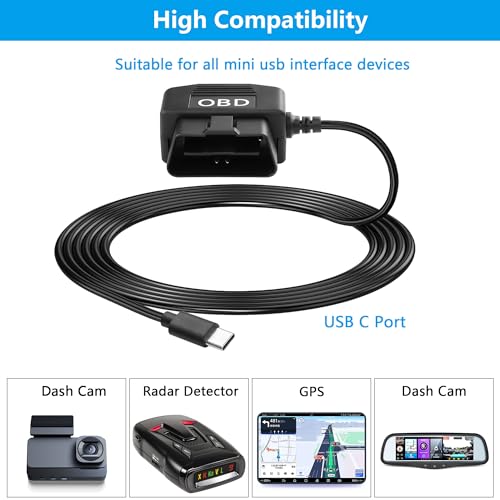 CERRXIAN OBD Power Cable for Dash Camera OBD2 to Type C Adapter Hardwire Charger Cable 24 Hours Surveillance/Acc Mode with Low Voltage Protection 13-40V to 5V 3A (11.5FT/3.5M) (Straight USB C) - Image 5