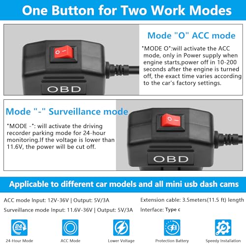 CERRXIAN OBD Power Cable for Dash Camera OBD2 to Type C Adapter Hardwire Charger Cable 24 Hours Surveillance/Acc Mode with Low Voltage Protection 13-40V to 5V 3A (11.5FT/3.5M) (Straight USB C) - Image 2