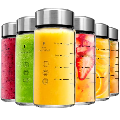 chunmo Glass Juice Bottles 6 Pack 12 oz Wide Mouth Glass Water Bottles with Lids BorosilicateStainless Steel Lids for Juicing Smoothies Infused Water Beverage Storage Leakproof ReusableBPA Free - Image 1