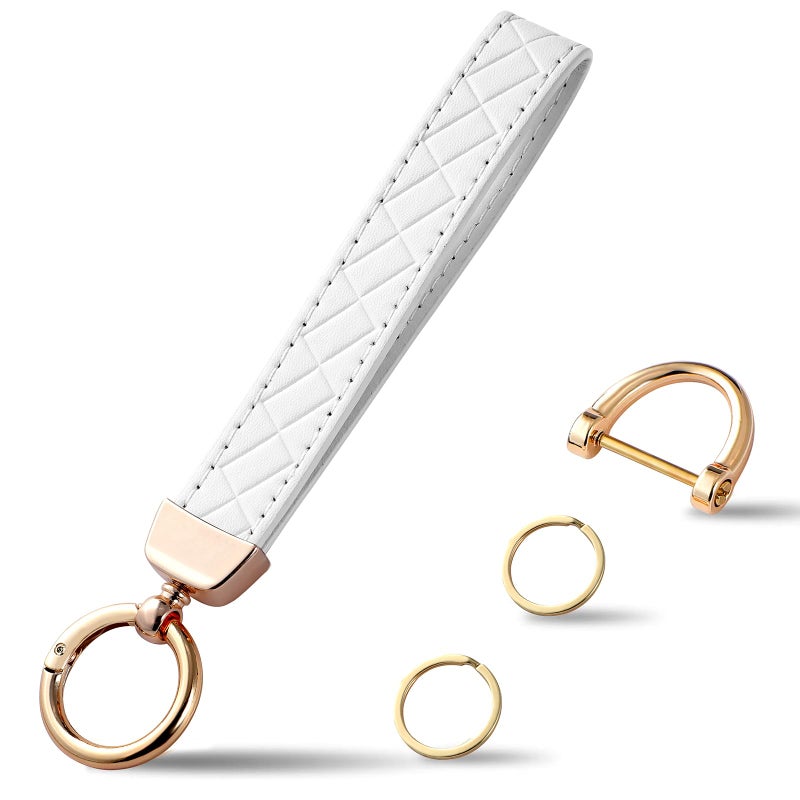 Weixiltc Weixiltc Leather Wristlet Keychain, Car Key Chain Holder with 2 Key Ring and Anti-Lost D Ring, Key Fob Wristband for Women (White)  - Image 1
