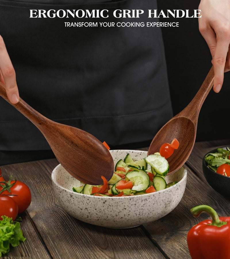 MemoGem 2PCS Wooden Spoons for Cooking, Natural Acacia Wood Cooking Spoons, Large Serving Spoons for Nonstick Cookware, Heat Resistant Durable Wooden Kitchen Utensils for Mixing Salad, Serving and Stirring - Image 4