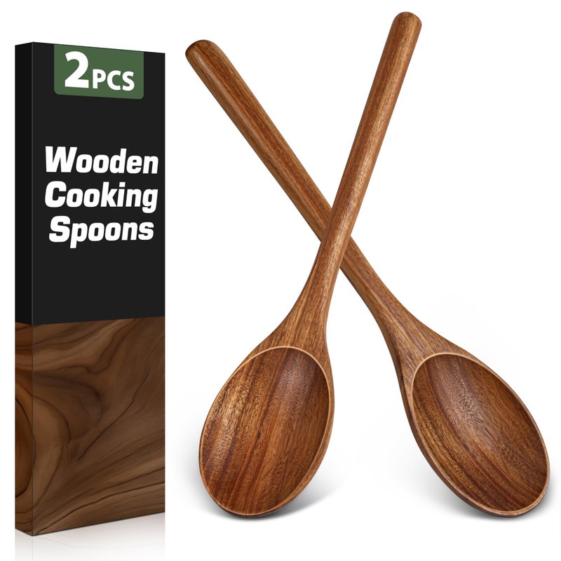 MemoGem 2PCS Wooden Spoons for Cooking, Natural Acacia Wood Cooking Spoons, Large Serving Spoons for Nonstick Cookware, Heat Resistant Durable Wooden Kitchen Utensils for Mixing Salad, Serving and Stirring - Image 1