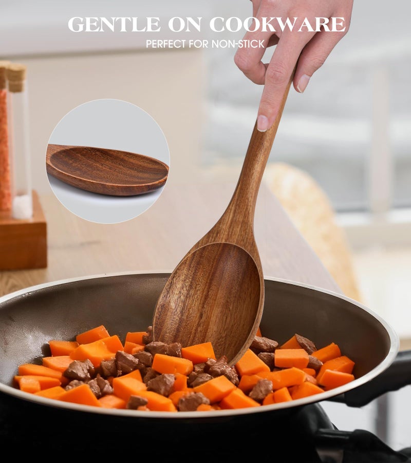 MemoGem 2PCS Wooden Spoons for Cooking, Natural Acacia Wood Cooking Spoons, Large Serving Spoons for Nonstick Cookware, Heat Resistant Durable Wooden Kitchen Utensils for Mixing Salad, Serving and Stirring - Image 3