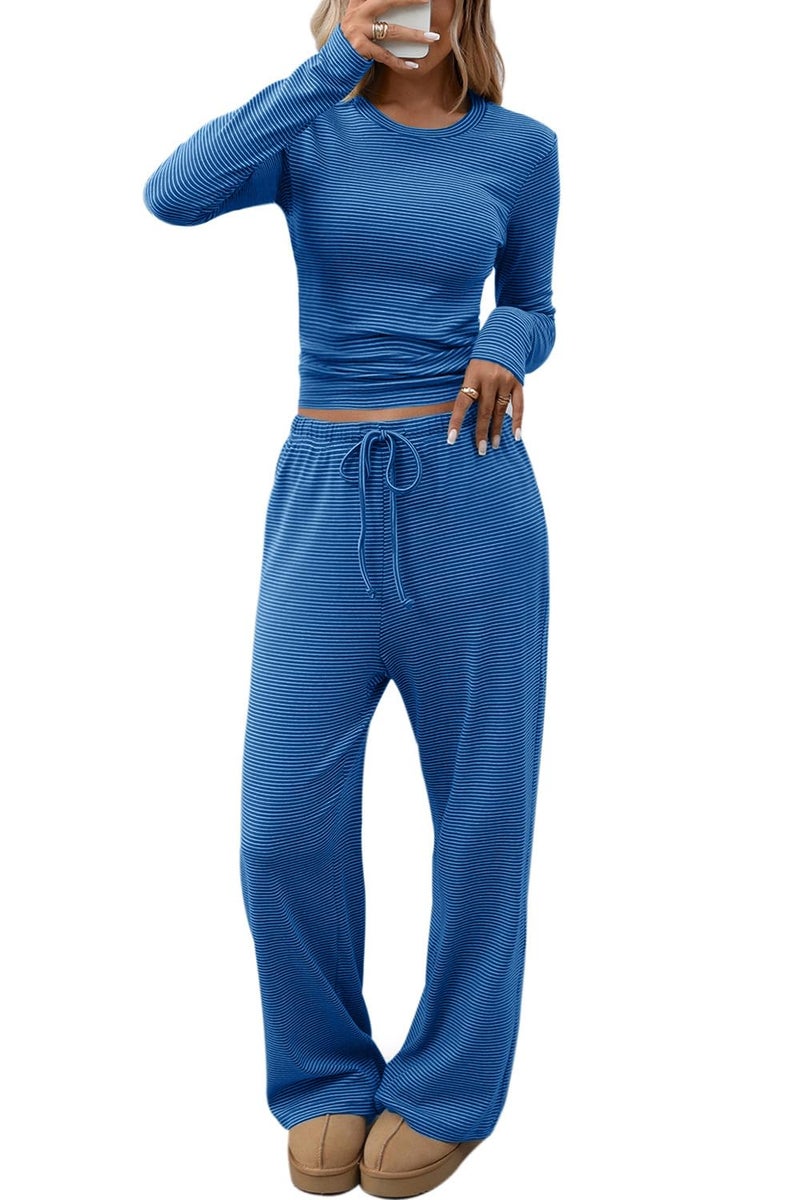 CHYRII Women's Pajamas Pants Dressy Tops Trendy Low Waisted Palazzo Pants Fashion 2025 2Piece Outfits Royal Blue S - Image 1