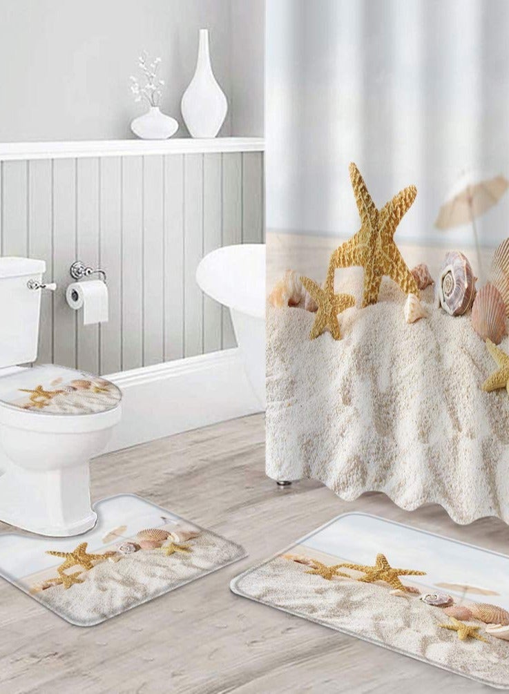 كابتن تيك Summer Beach Scenery Shower Curtain Set, 4-Piece Ocean Bathroom Decor with Starfish, Seashells, and Sand Scene, Non-Slip Rug, Toilet Lid Cover, Waterproof Curtain, 12 Hooks Included - Image 3