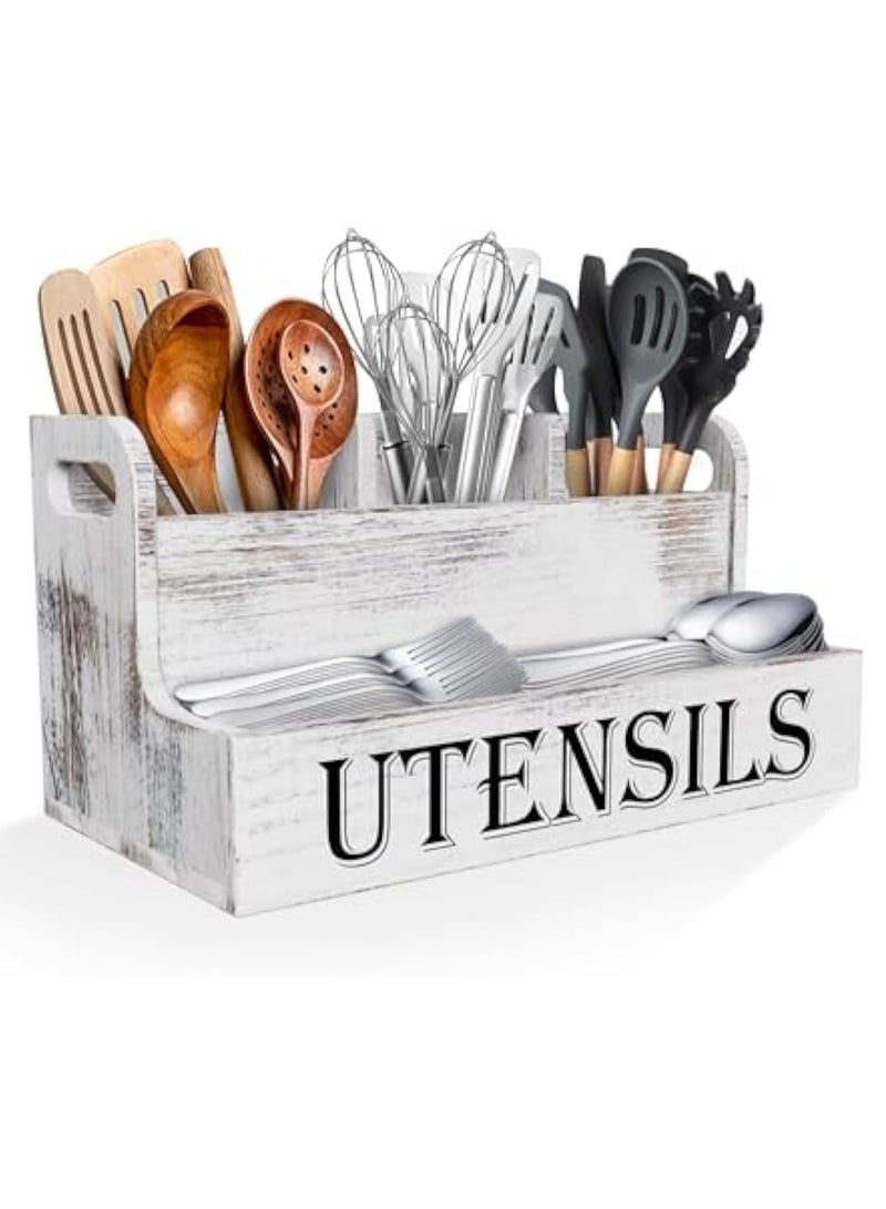 Arabest Extra Large Kitchen Utensils Holder with 4 Compartments, White Wooden Utensil Organizer for Kitchen Countertop, Farmhouse Utensil Storage, Rustic Cooking Utensils - White Grain  - Image 1