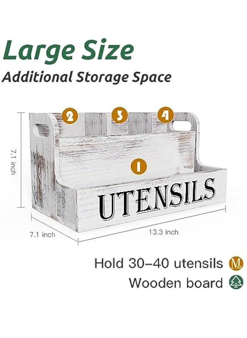 Arabest Extra Large Kitchen Utensils Holder with 4 Compartments, White Wooden Utensil Organizer for Kitchen Countertop, Farmhouse Utensil Storage, Rustic Cooking Utensils - White Grain  - Image 2