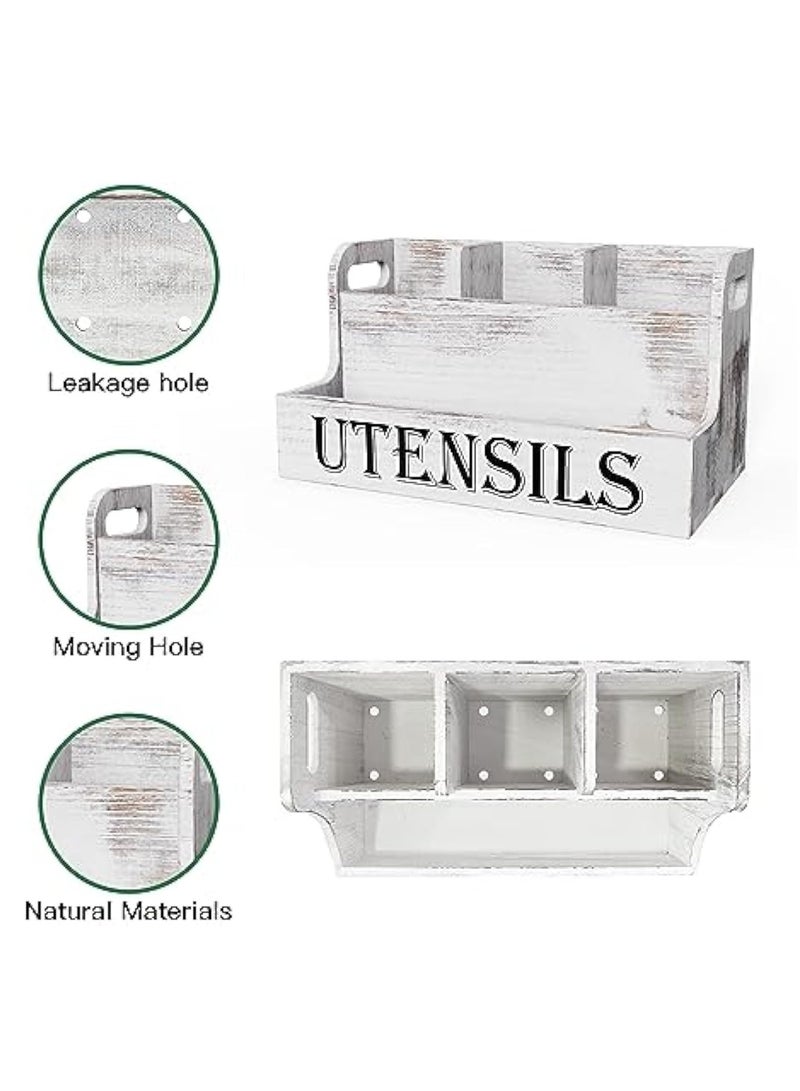 Arabest Extra Large Kitchen Utensils Holder with 4 Compartments, White Wooden Utensil Organizer for Kitchen Countertop, Farmhouse Utensil Storage, Rustic Cooking Utensils - White Grain  - Image 4