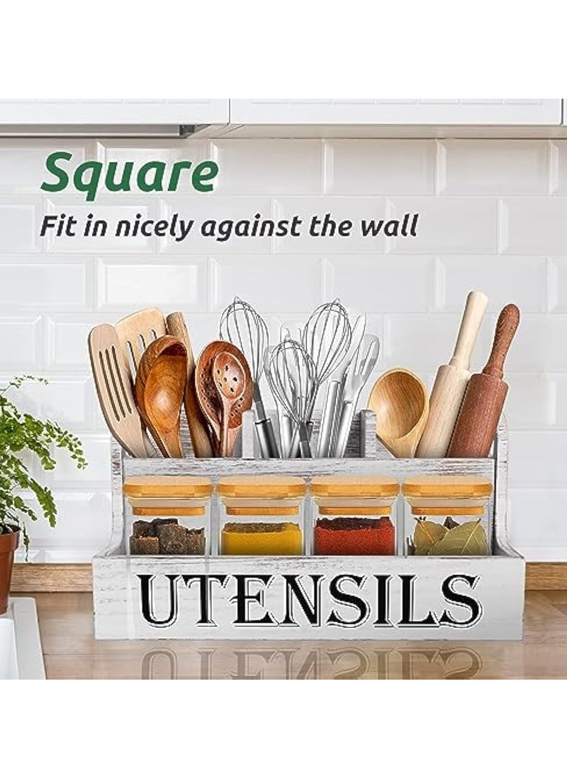 Arabest Extra Large Kitchen Utensils Holder with 4 Compartments, White Wooden Utensil Organizer for Kitchen Countertop, Farmhouse Utensil Storage, Rustic Cooking Utensils - White Grain  - Image 5