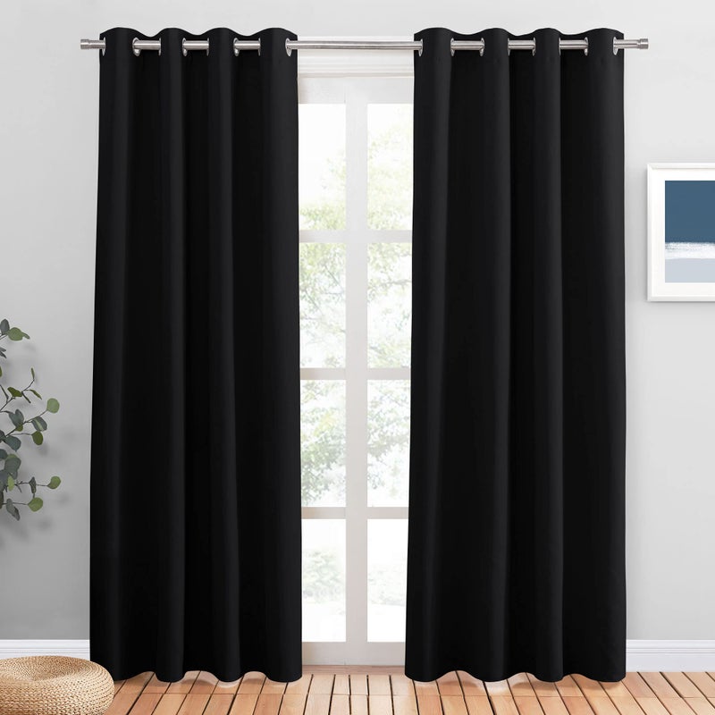 PONY DANCE Black Eyelet Blackout Curtains for Kids Bedroom  Thermal Sun Blockig Curtains  Drapes for Privacy Protected 2 Panels Soundproof Energy Saving Drapes for Living RoomW 55 x L 79
