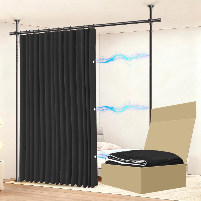 Jilron No-Drill Room Divider Curtain Set: Includes 106" W x 84" L Black Curtain & Adjustable Pole Brackets (35-100" W x 43-120" H Adjustable Range) - Image 1