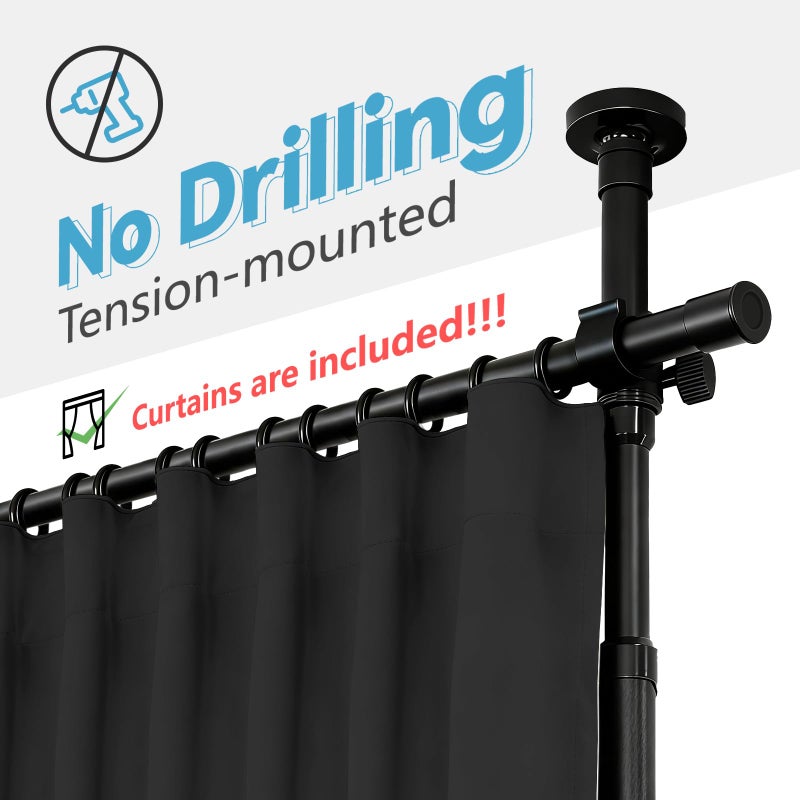 Jilron No-Drill Room Divider Curtain Set: Includes 106" W x 84" L Black Curtain & Adjustable Pole Brackets (35-100" W x 43-120" H Adjustable Range) - Image 2
