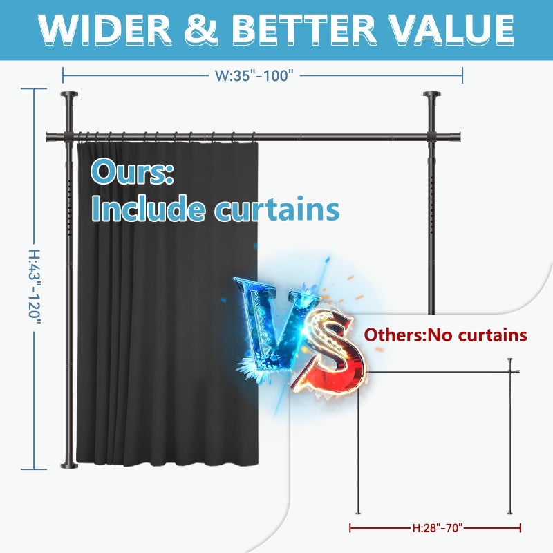 Jilron No-Drill Room Divider Curtain Set: Includes 106" W x 84" L Black Curtain & Adjustable Pole Brackets (35-100" W x 43-120" H Adjustable Range) - Image 3