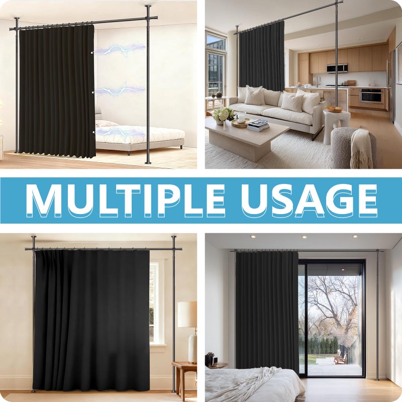 Jilron No-Drill Room Divider Curtain Set: Includes 106" W x 84" L Black Curtain & Adjustable Pole Brackets (35-100" W x 43-120" H Adjustable Range) - Image 4