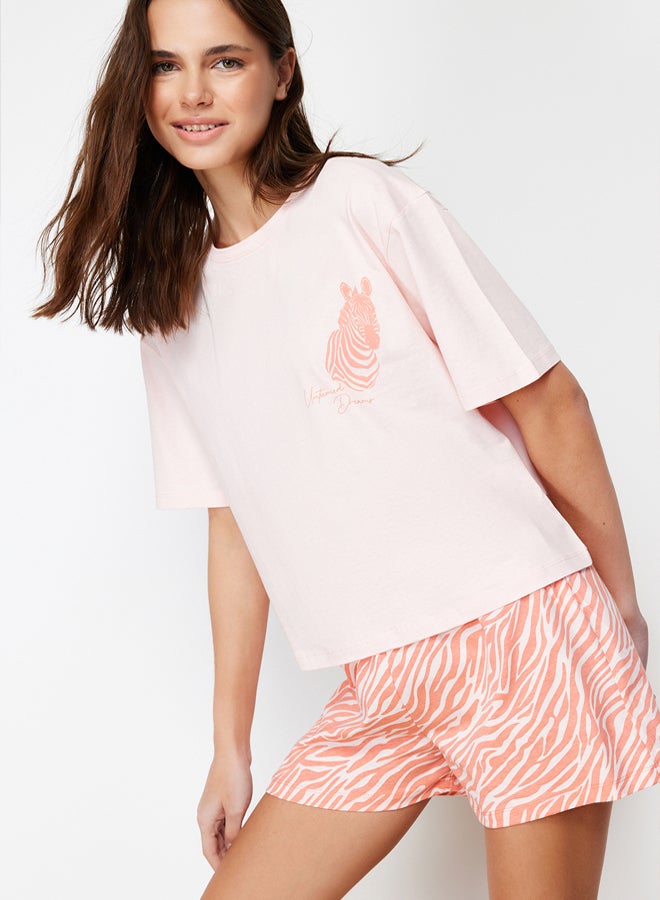 trendyol Pink 100% Cotton Zebra Printed Shorts Knitted Pajama Set  - Image 1