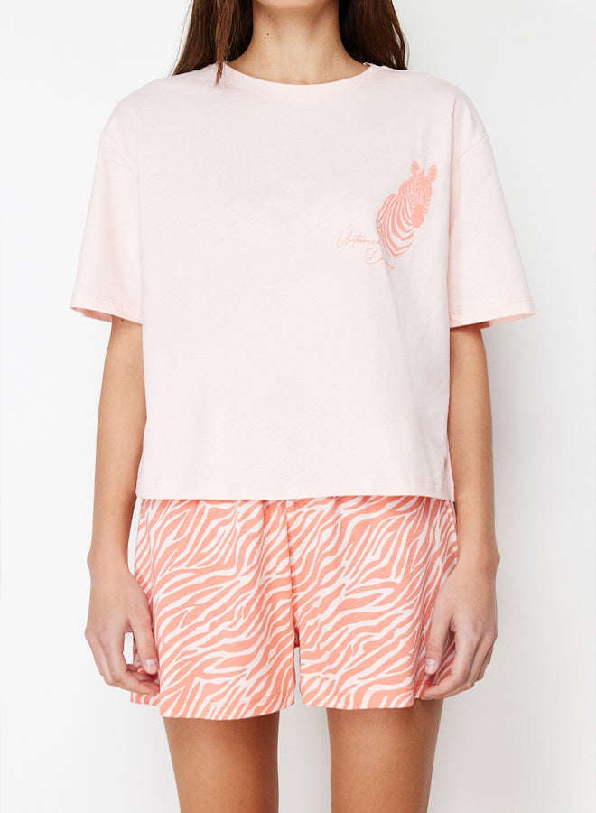 trendyol Pink 100% Cotton Zebra Printed Shorts Knitted Pajama Set  - Image 4