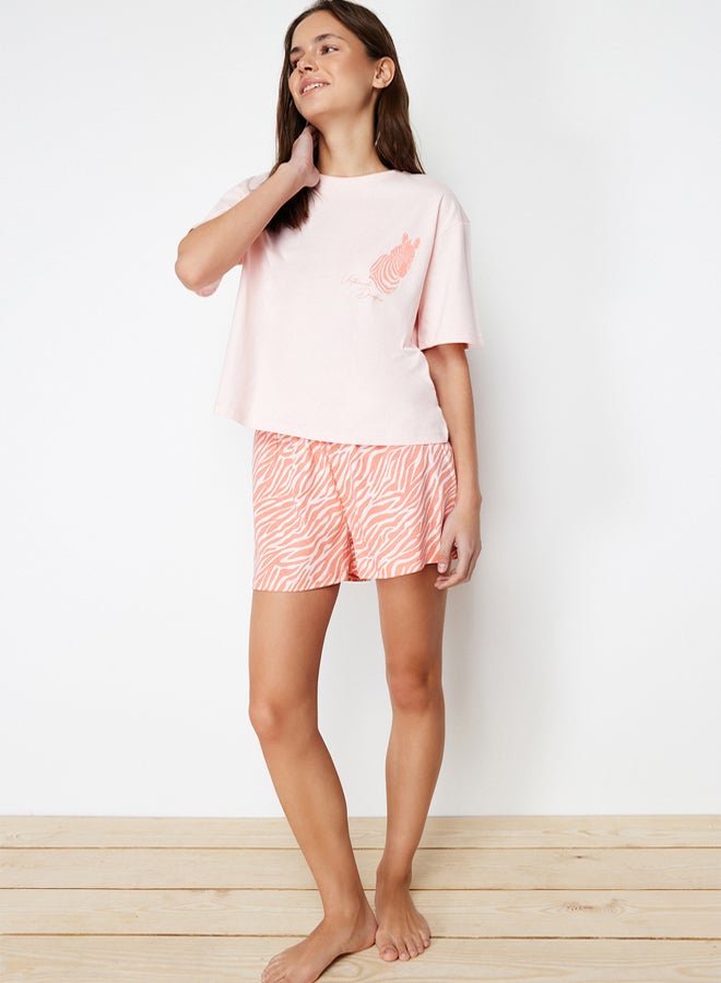 trendyol Pink 100% Cotton Zebra Printed Shorts Knitted Pajama Set  - Image 3