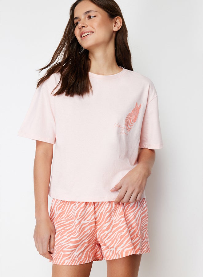 trendyol Pink 100% Cotton Zebra Printed Shorts Knitted Pajama Set  - Image 2