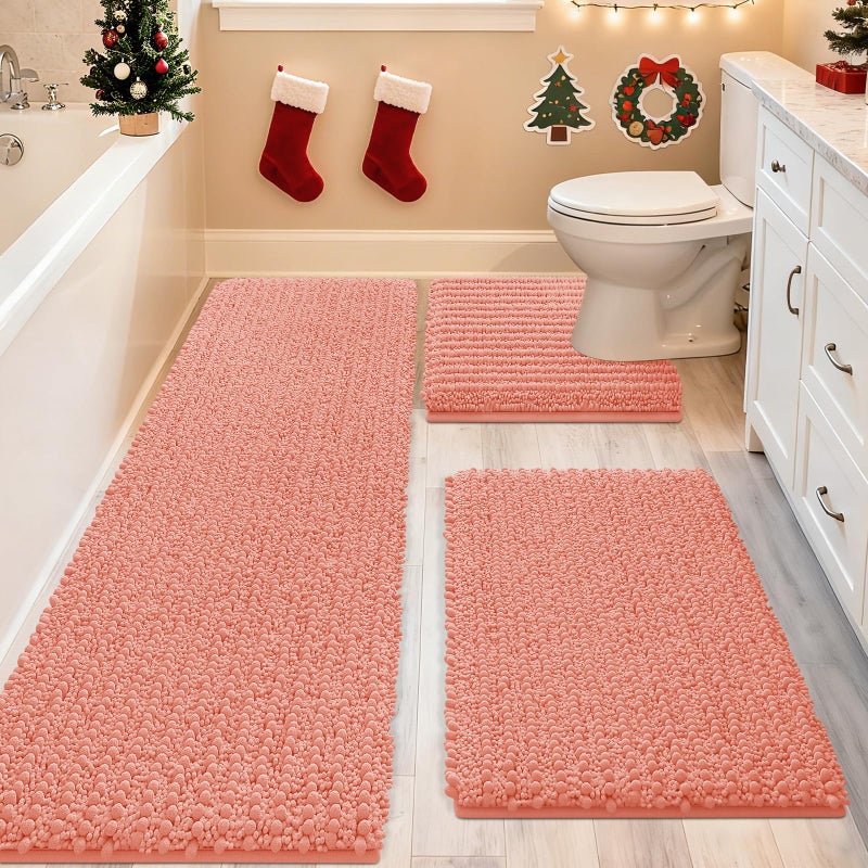 ACCUMTEK Upgrade Extra Large Coral Bathroom Rug Set 3 Pieces Ultra Soft Thick Absorbent Bath Mats Non Slip Chenille Toilet Mat for Bathroom Bedroom Kitchen