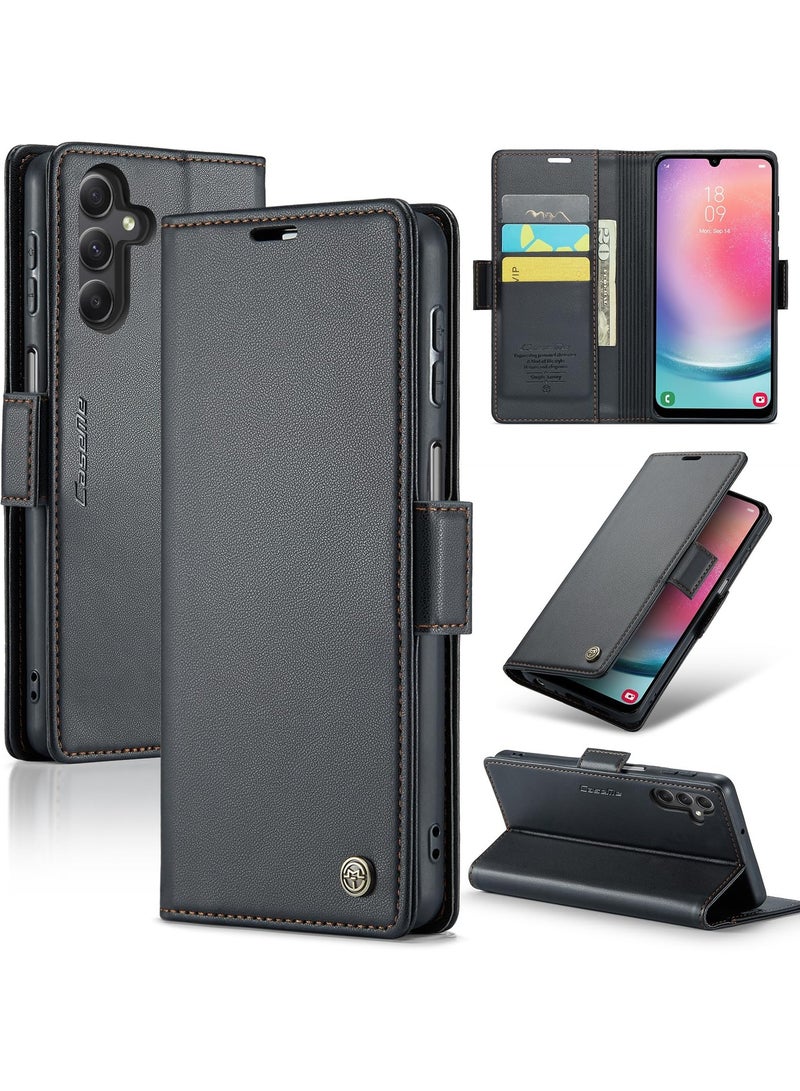 CaseMe Phone Case Luxury PU Leather Design Anti Fingerprint 023 Flip Cover Card Slot Holder Cover For Samsung Galaxy A24 (Black) - Image 1