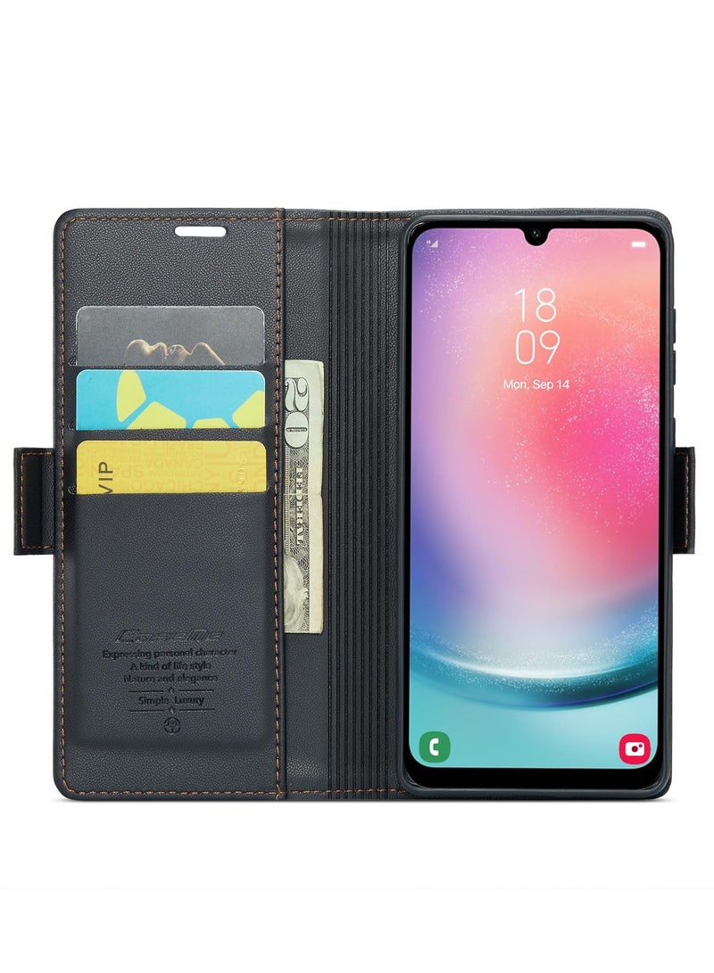 CaseMe Phone Case Luxury PU Leather Design Anti Fingerprint 023 Flip Cover Card Slot Holder Cover For Samsung Galaxy A24 (Black) - Image 4