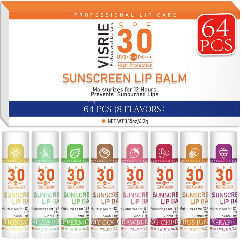 VISRIE SPF 30 Lip Balm with Sunscreen SPF Lip Balm Bulk Travel Size64 Pack Hydrating Lip Balm Pack with Vitamin E and Coconut Oil 8 Flavors 64 Count