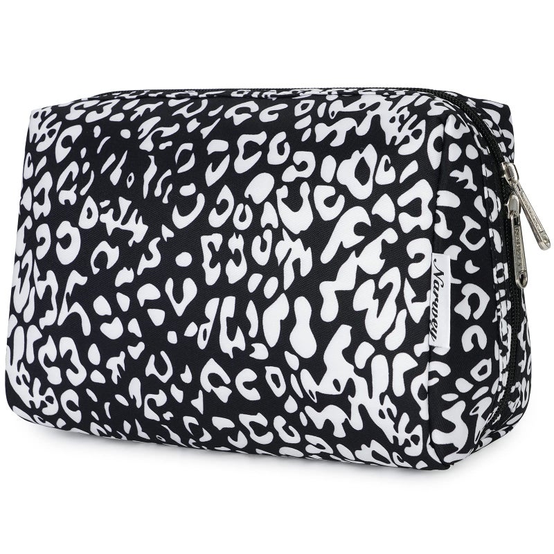 Narwey Cute Cheetah Makeup Bag Travel Cosmetic Bag Organizer Toiletry Bag Make Up Bags with Compartments for Women Girls Large Black Leopard