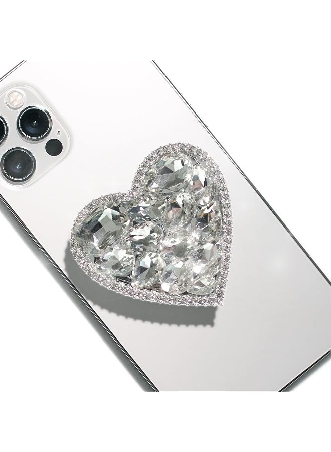 S-TOP Cute Silver Big Cubic Diamond Heart Phone Grip Stand – Collapsible Expandable Holder for Smartphone/Tablet | Reusable Adhesive & Kickstand Function - Image 1