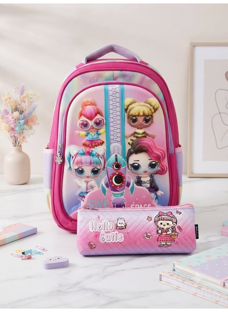 School supplies set featuring cartoon characters: includes a school bag and a pencil case.