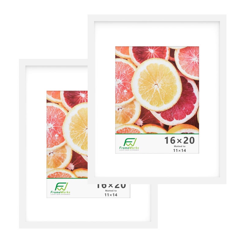 FrameWorks 2Pack 16x20 Matted to 11x14 Picture Frame White  Classic Wooden Photo Frame with Tempered Glass Modern Matte Finish for Prints Posters Certificates  Wall Decor  GalleryReady