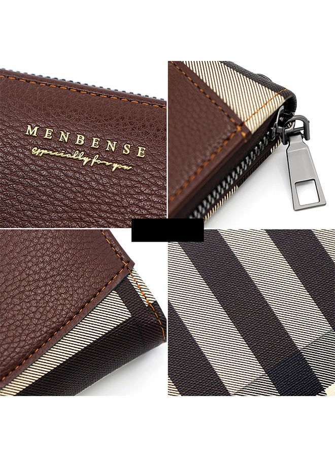 MenBense Fashion Checkered Stitching Men's Long Wallet Large Capacity Clutch Bag with Strap - Image 5
