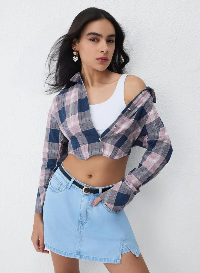 The Souled Store Blue Crop Plaid Shirt