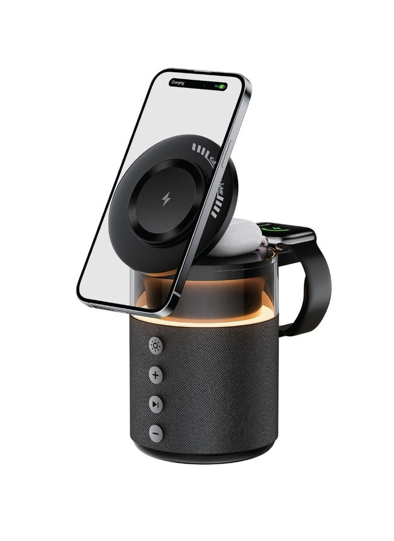 5 in 1 Wireless Charger 27W with MagSafe Compatible and 1800mAh Battery Capacity / 5H Speaker Playtime / Speaker Control Buttons / Snap & Charge / Phone Charging Station / Watch Charger -  Black
