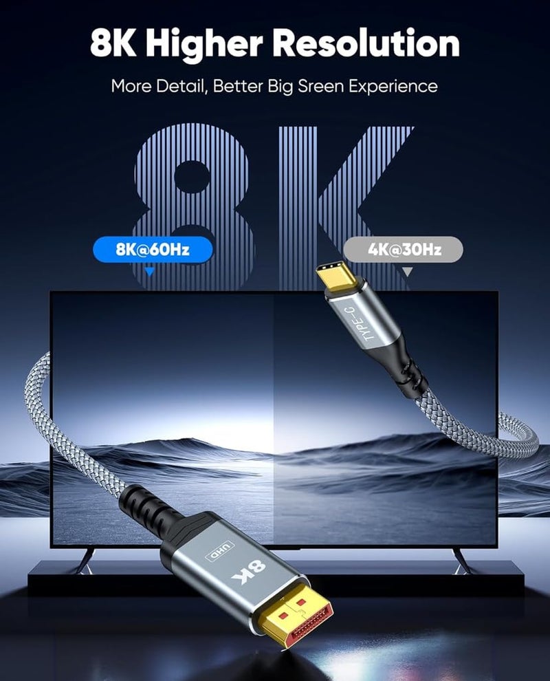 GANIX USB C to DisplayPort Cable 6FT, Capshi Type C to DP 1.4 Cable 32.4Gbps 8K@60Hz Braided Thunderbolt 3/4 to DP Cord Compatible with iPad, MacBook Pro/Air, Surface, iMac, Galaxy, XPS - Image 2
